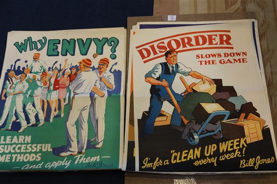 A collection of ten 1920s Bill Jones coloured lithograph motivational posters, each 28 x 22in.